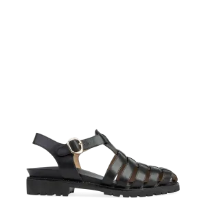 Bittern Black Leather Flat Sandals