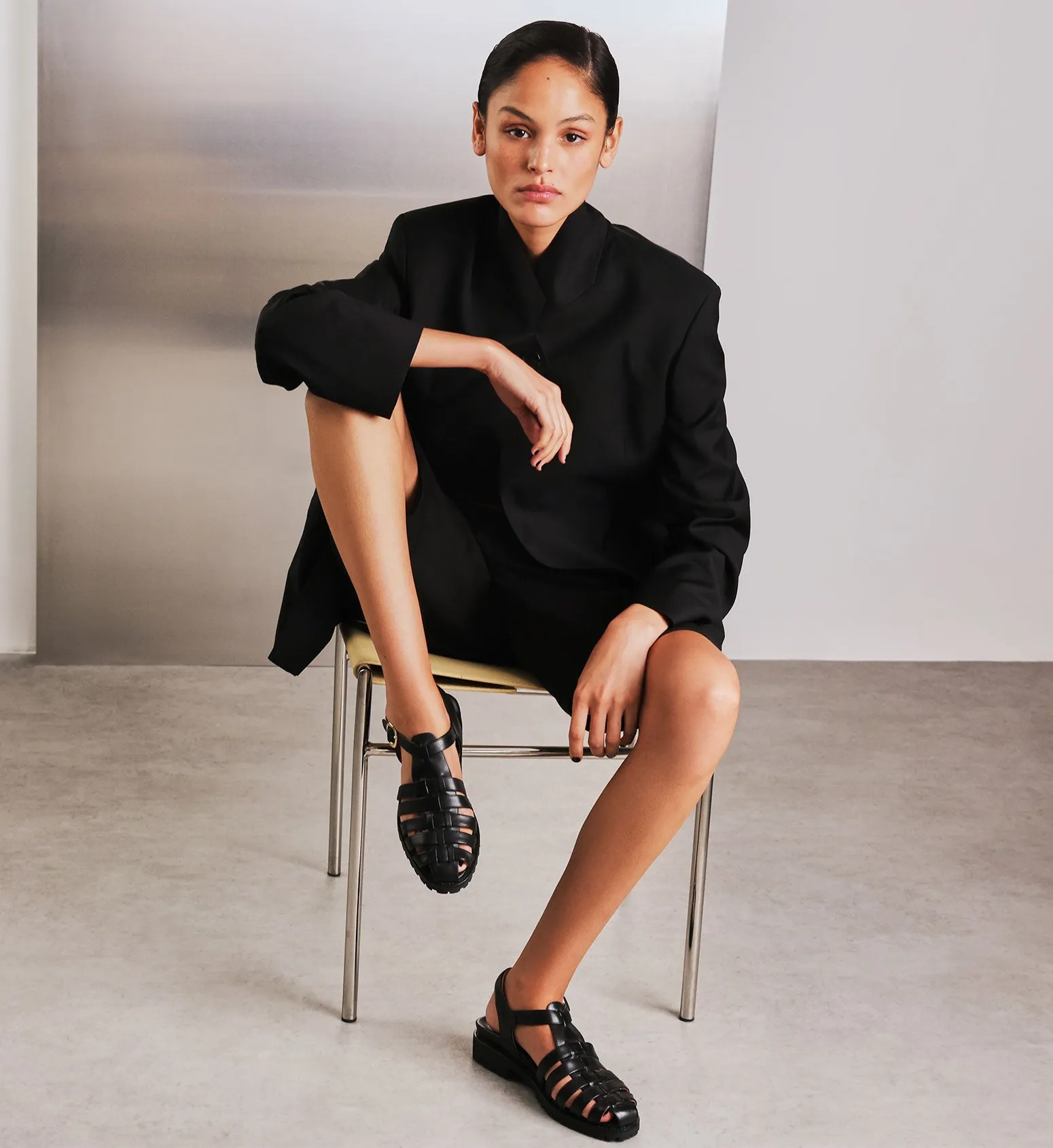 Bittern Black Leather Flat Sandals