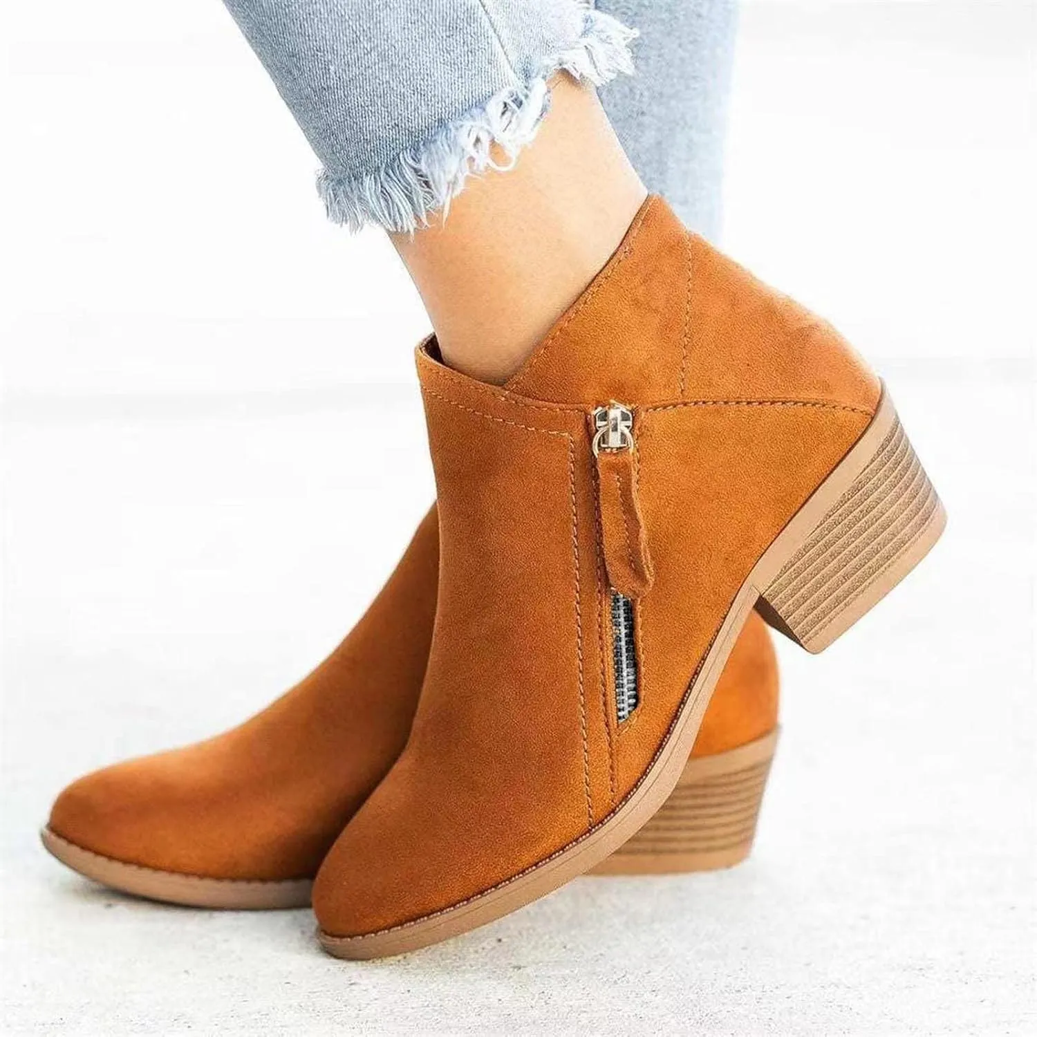 Boots for Women Ankle Booties 2022 Fall Fashion Side Zipper Pointed Toe Block Chunky Mid Heel Boots Solid Slip on Casual Comfy Ladies Shoes