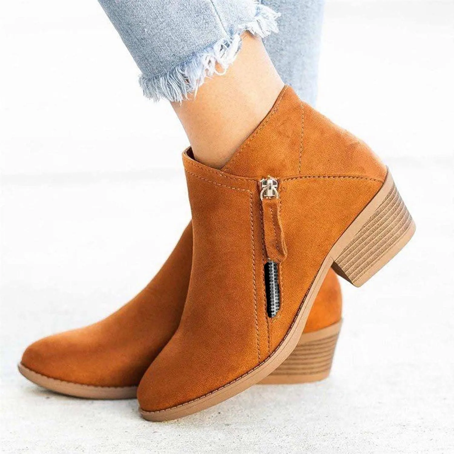 Boots for Women Ankle Booties 2022 Fall Fashion Side Zipper Pointed Toe Block Chunky Mid Heel Boots Solid Slip on Casual Comfy Ladies Shoes