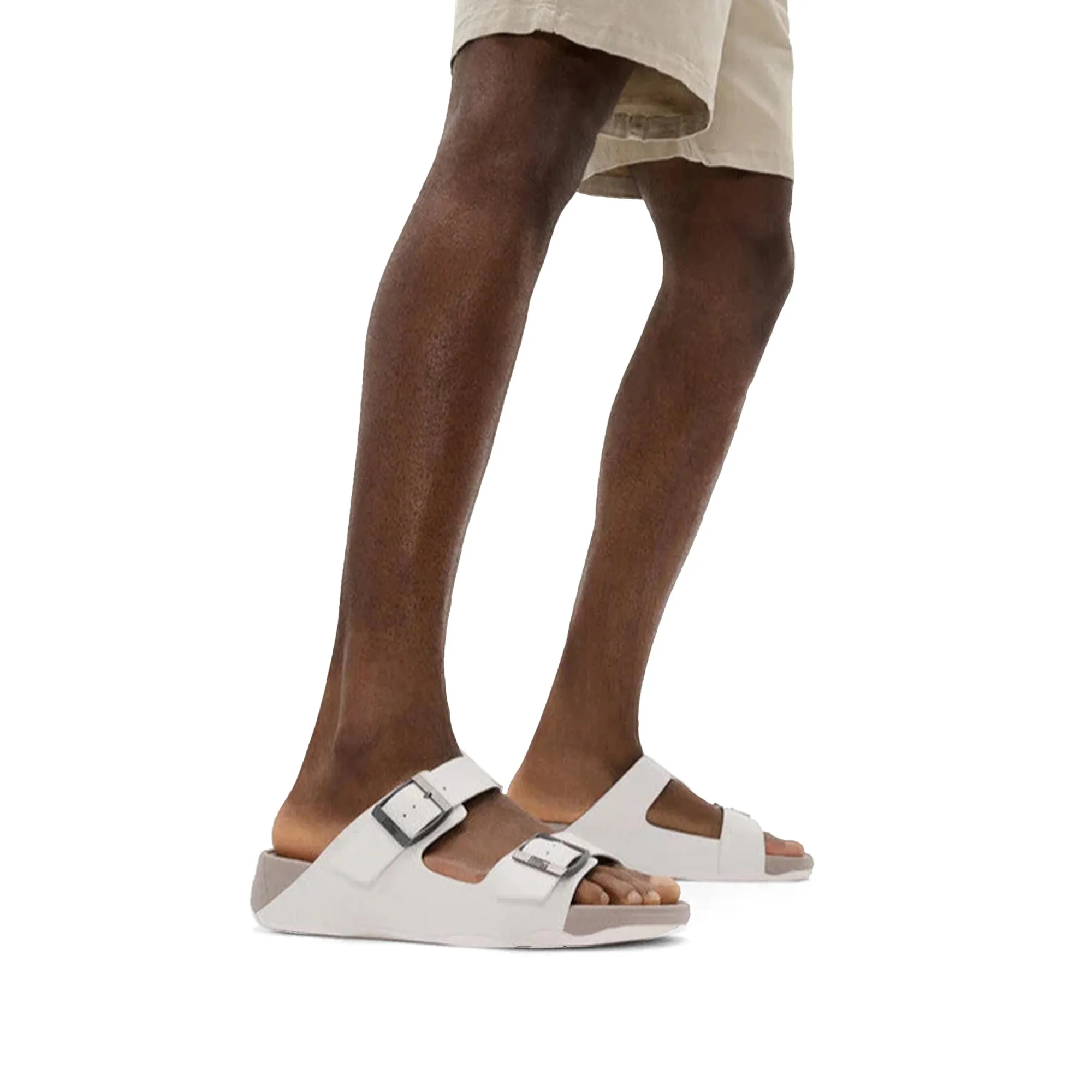 Fitflop Gogh Moc Mens Buckle Tumbled-Leather Slides Urban White