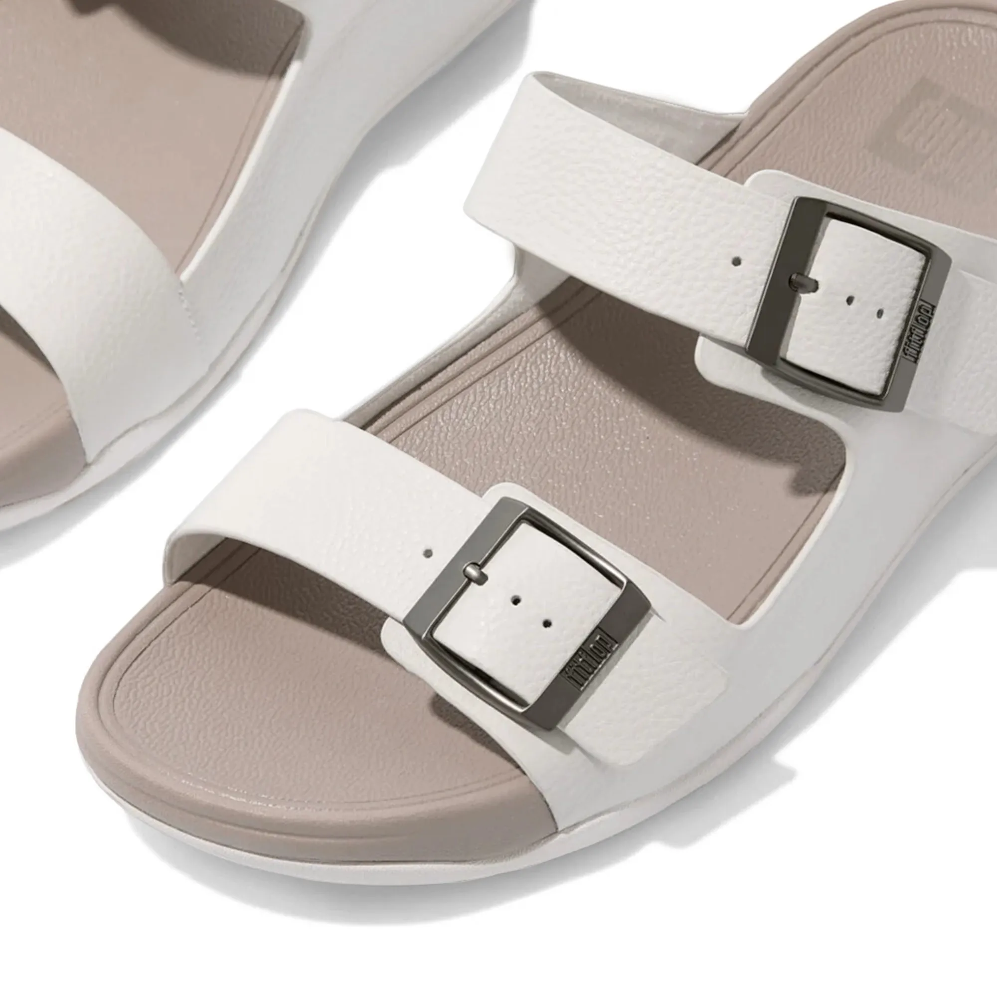 Fitflop Gogh Moc Mens Buckle Tumbled-Leather Slides Urban White