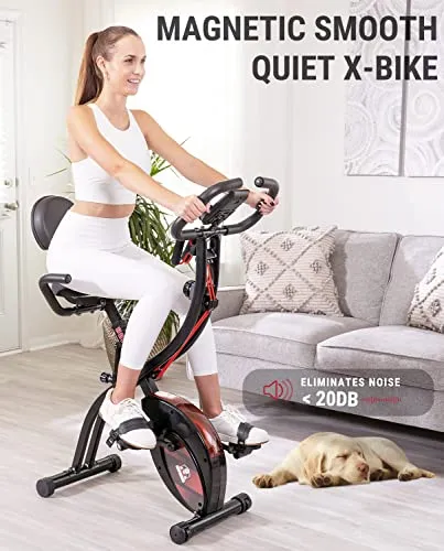 HAPBEAR Folding Exercise Bike Magnetic Foldable Stationary Bike, 3 in 1 Mode Indoor Upright Fitness Workout X-Bike with 8-Level Resistance and Arm Resistance Band, Pulse Sensor,LCD Monitor