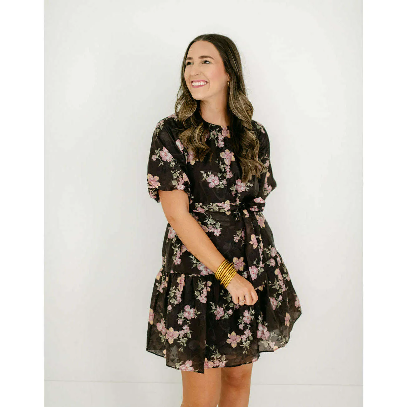 Joy*Joy Midnight Floral Ruched Shoulder Dress