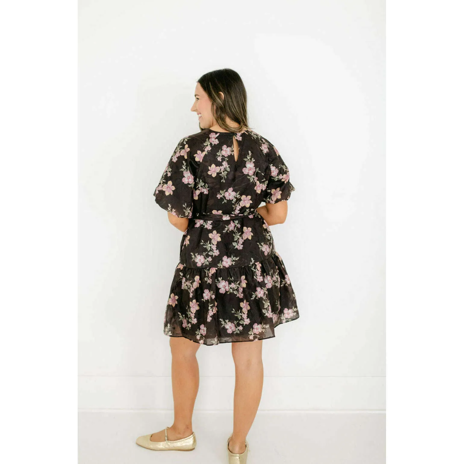 Joy*Joy Midnight Floral Ruched Shoulder Dress