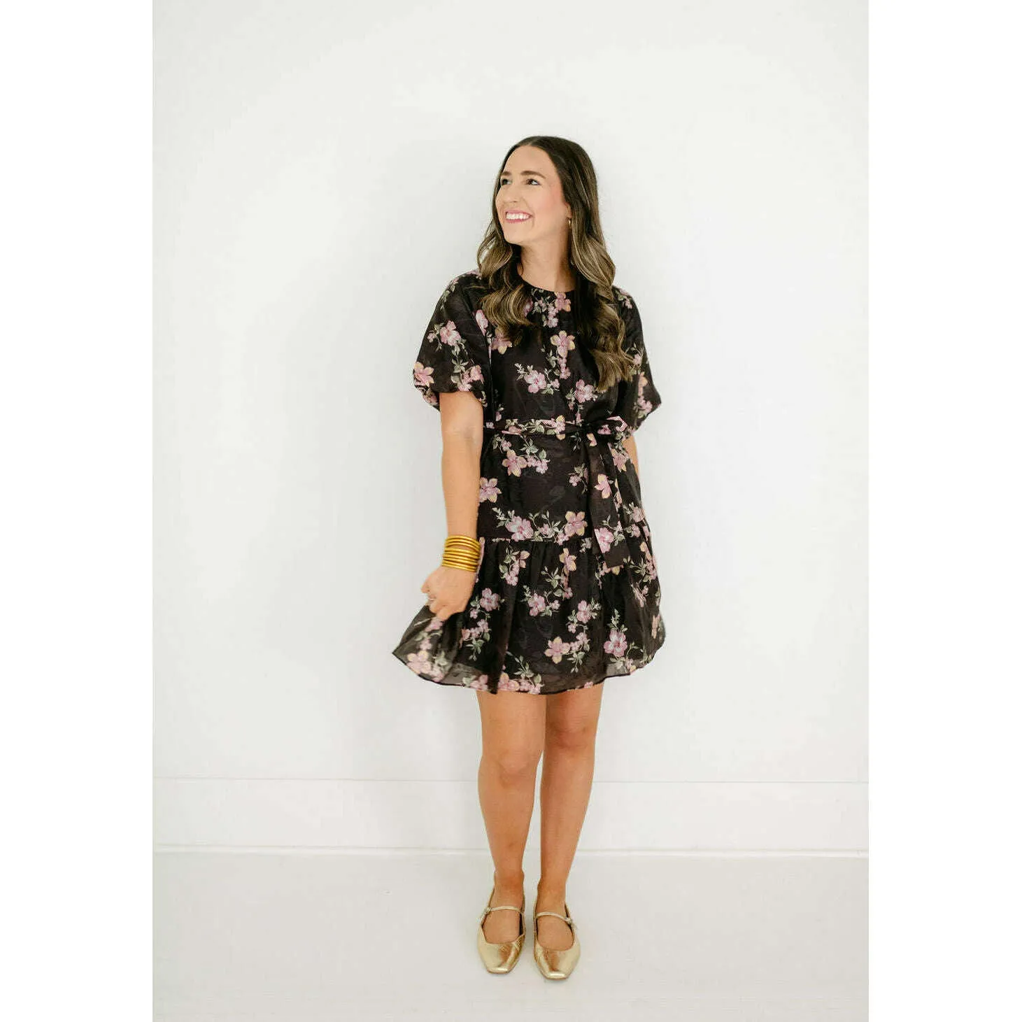 Joy*Joy Midnight Floral Ruched Shoulder Dress