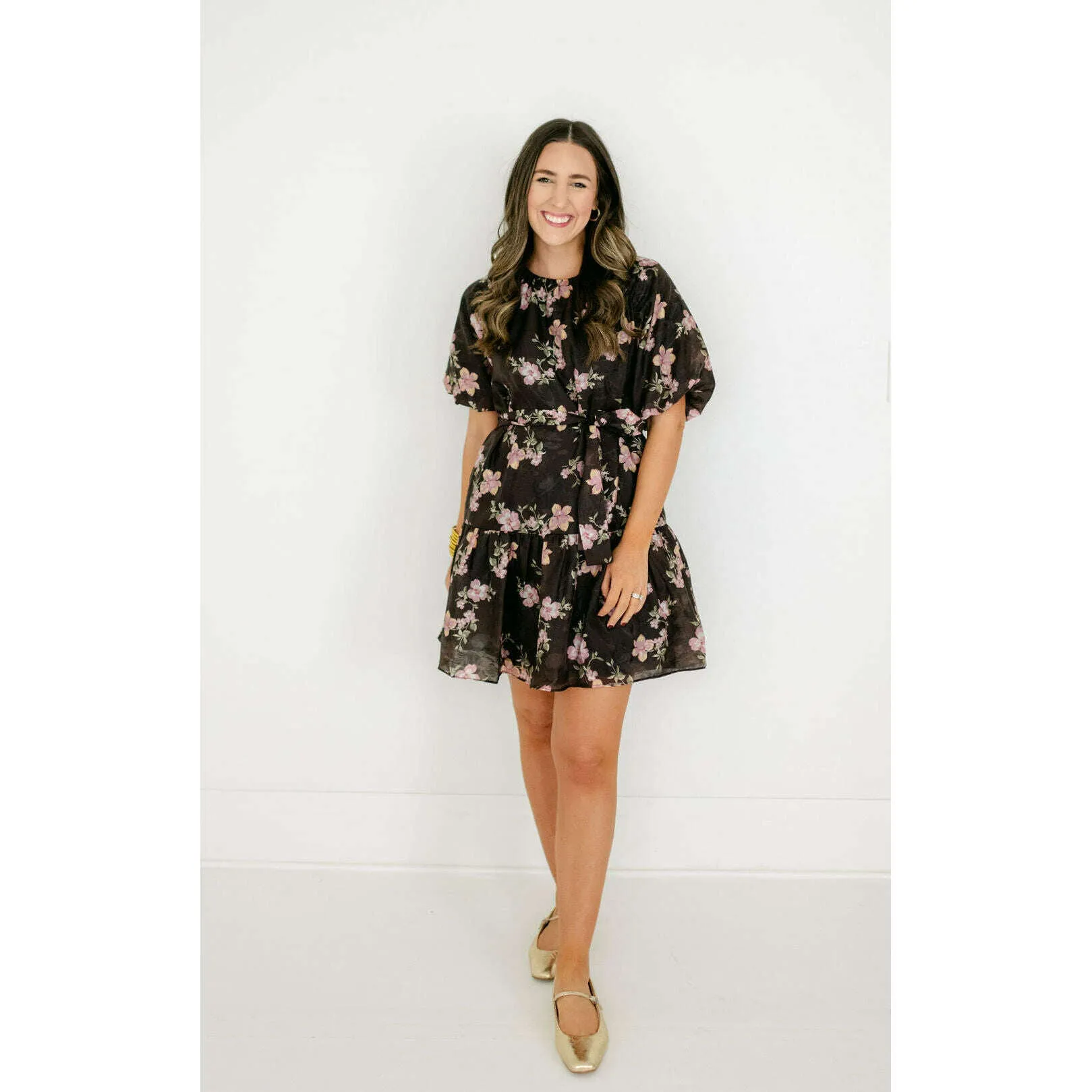 Joy*Joy Midnight Floral Ruched Shoulder Dress