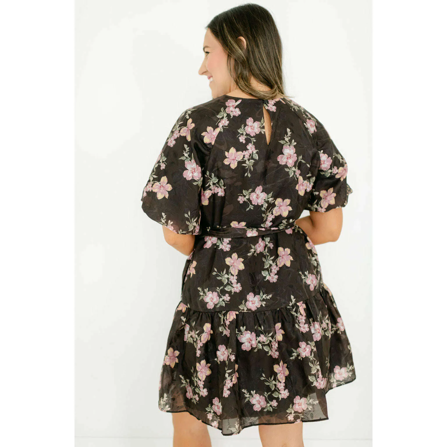 Joy*Joy Midnight Floral Ruched Shoulder Dress