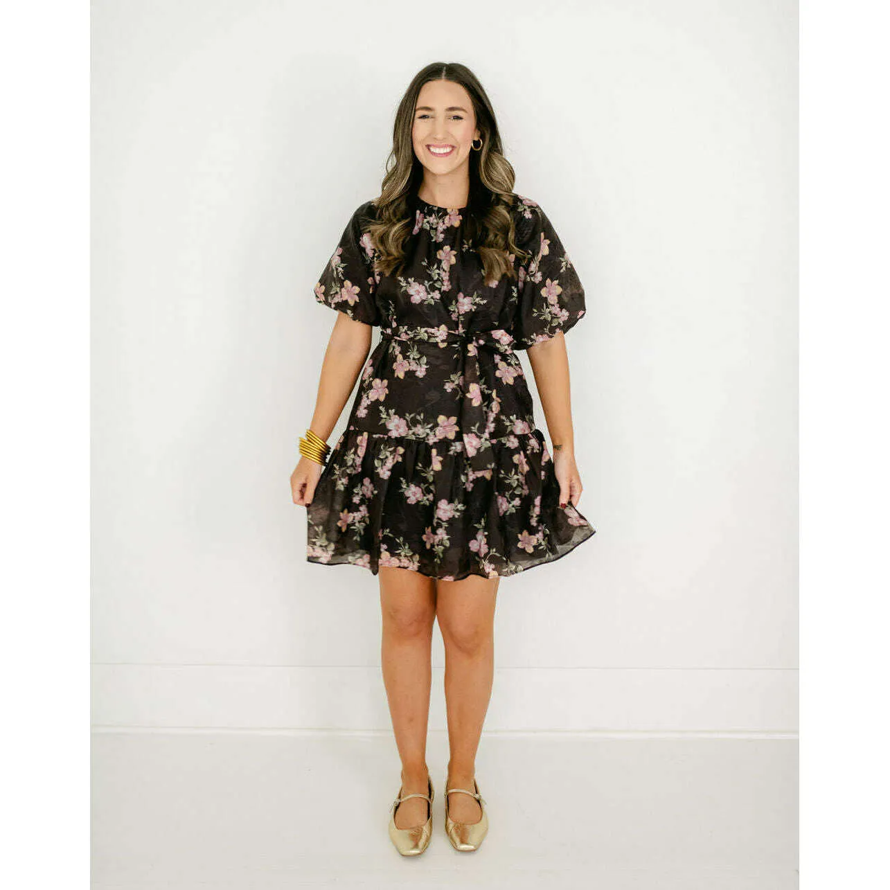 Joy*Joy Midnight Floral Ruched Shoulder Dress
