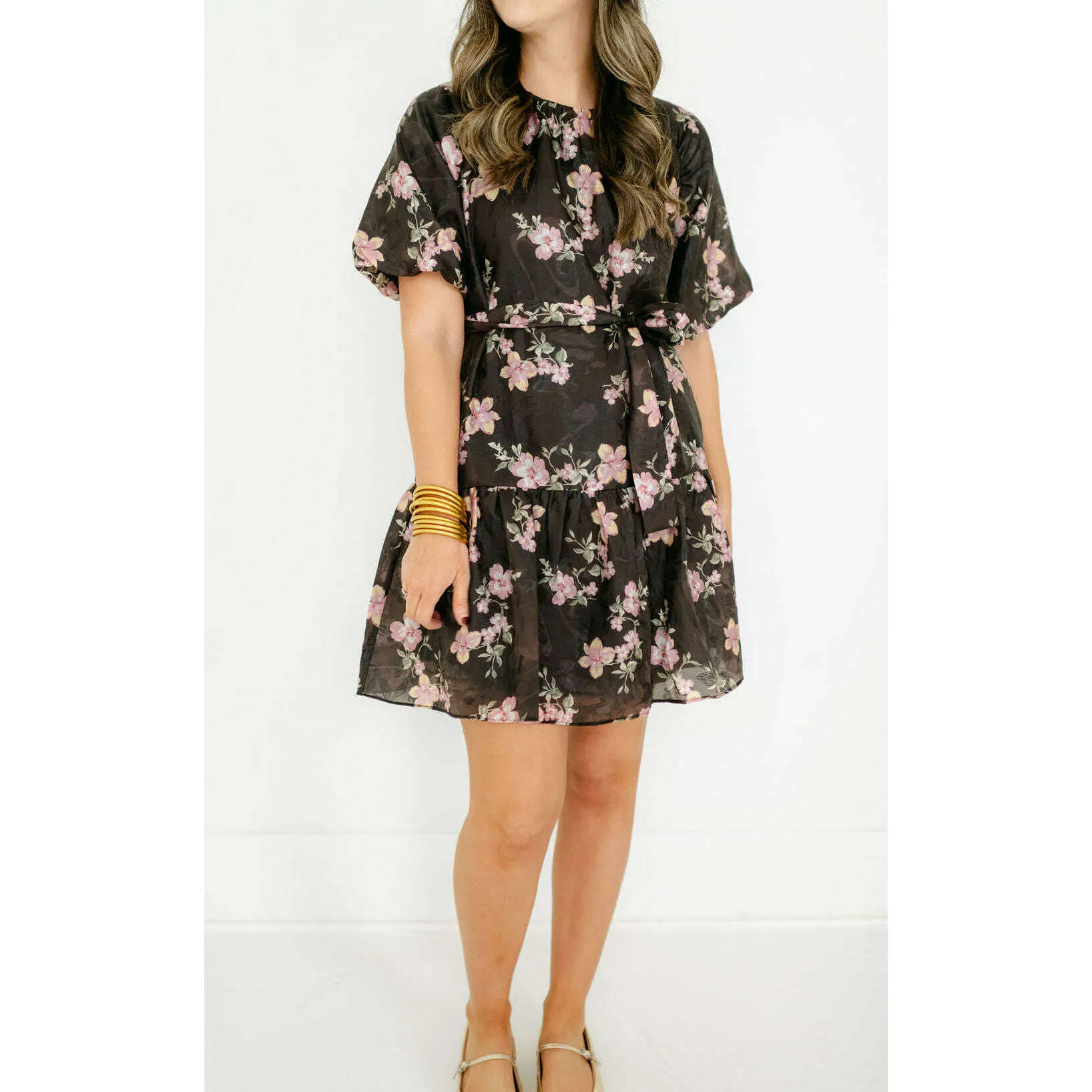 Joy*Joy Midnight Floral Ruched Shoulder Dress