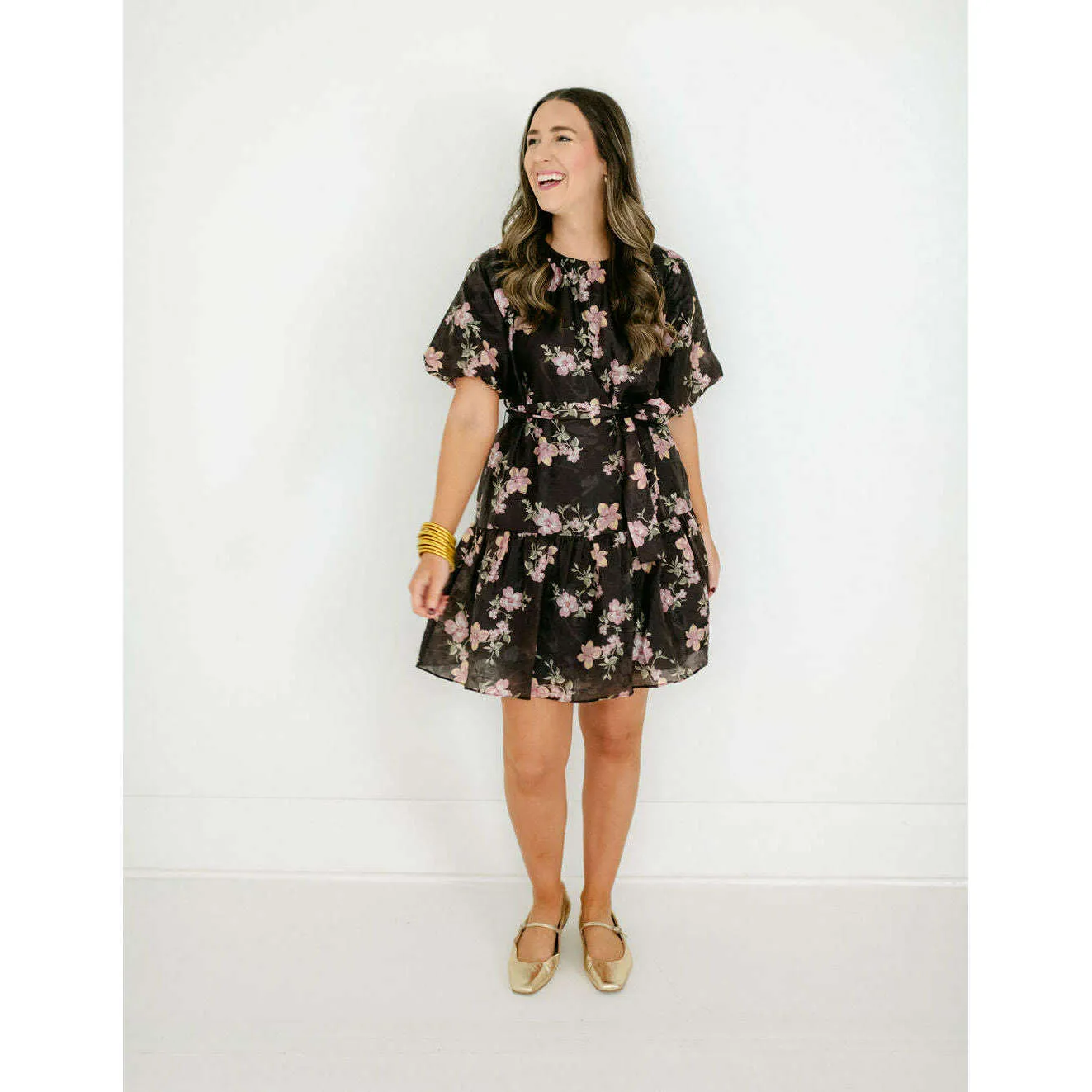 Joy*Joy Midnight Floral Ruched Shoulder Dress