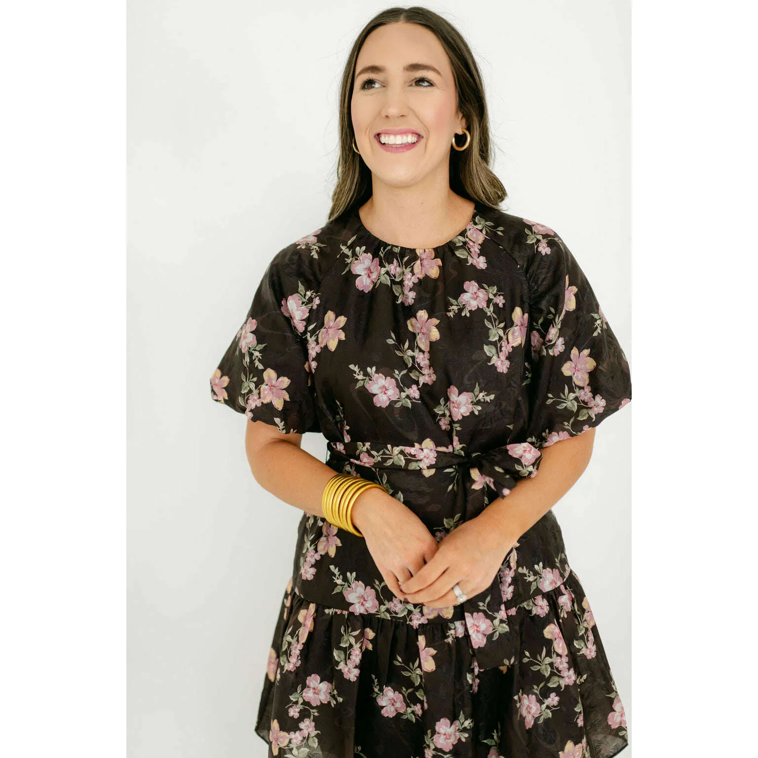 Joy*Joy Midnight Floral Ruched Shoulder Dress