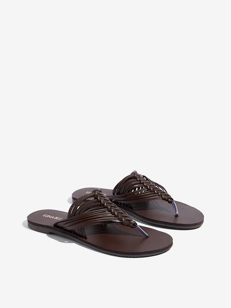 LUNA BLU Dark Brown Woven Thong-Strap Sandals