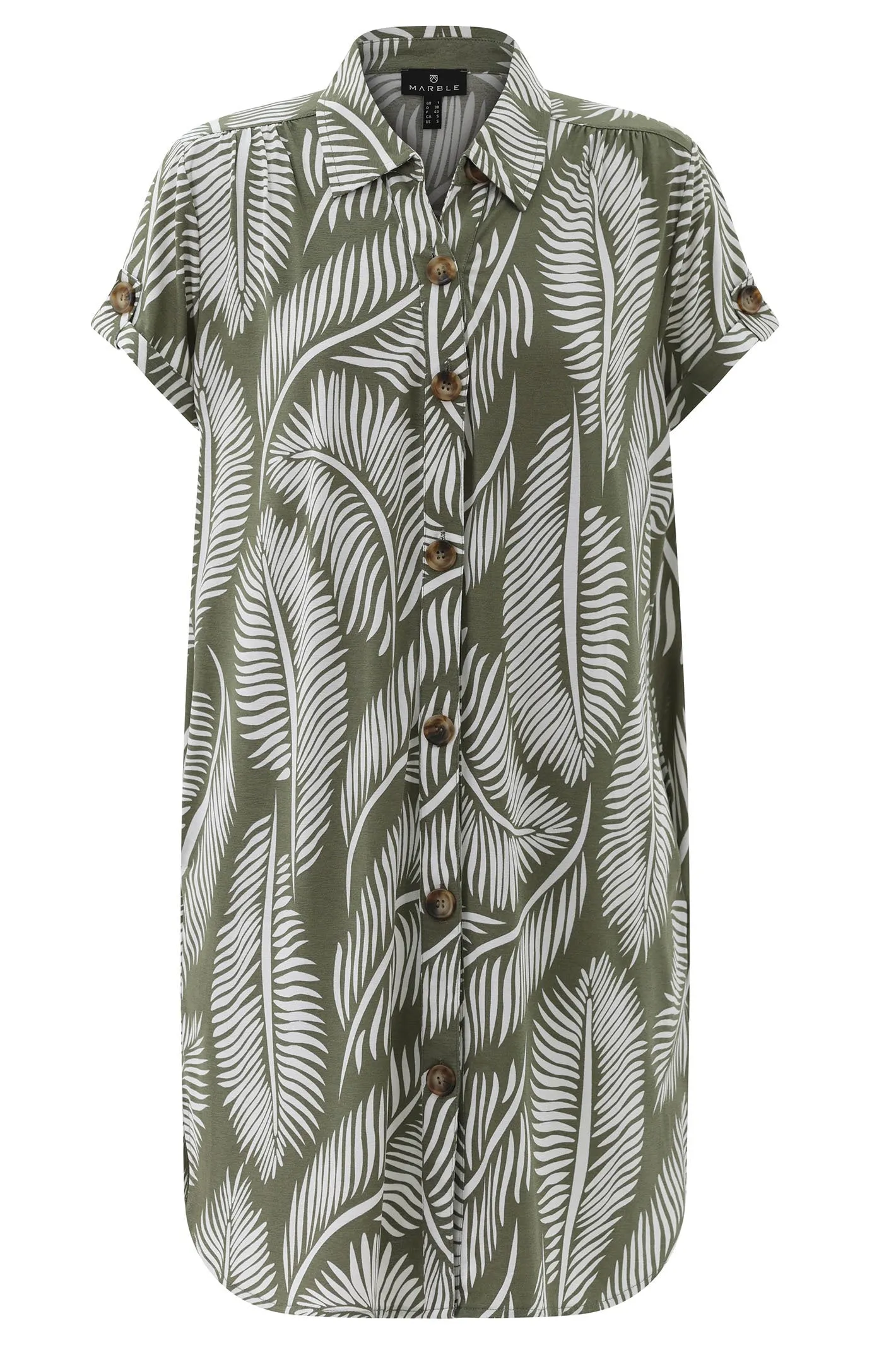 Marble 7921 123 Khaki Green Leaf Print Shirt Dress