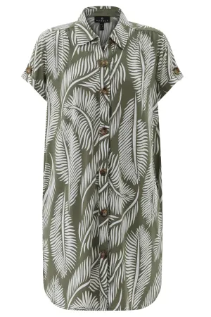 Marble 7921 123 Khaki Green Leaf Print Shirt Dress